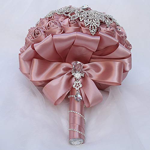 Handmade Luxury Wedding Bridal Bouquet Large Silk Rose Holding Toss Artificial Flowers Bouquets with Satin Ribbon Pearls Rhinestone for Bride Vintage Royal Wedding Bouquet (Dark Pink) - color: Darkpink