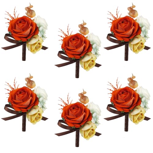 AuroraAria Burnt Orange Boutonniere for Men,Set of 6,Groom Boutonniere for Wedding,Anniversary,Homecoming,Formal Dinner Party,Wedding Decor,Artificial Silk Rose - color: Burnt Orange