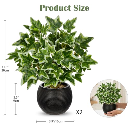 2 Packs Artificial Plants in Black Pot, 12" Faux Plant | Realistic Tradescantia Zebrina Fake Plants Potted Decorative for Home Kitchen Office Desk Bookshelf Decor - color: White-green