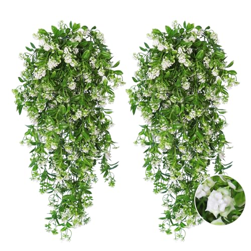 RECUTMS 2Pcs Artificial Hanging Flowers for Outdoors Decoration Fake Hanging Plants Faux White Flowers Artificial UV Resistant Plastic Greenery Vines Ivy for Outdoor Indoor Garden Party Decor（White） - color: White-rose