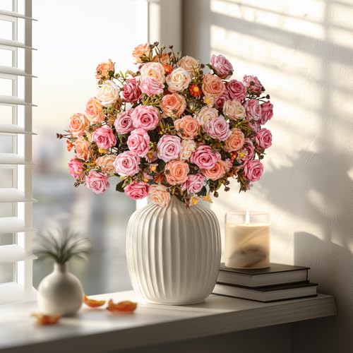 Artificial Rose Flowers for Outdoor 4 Bundles Rose Bouquet with Daisy Faux Flowers UV Resistant for Home Indoor Outside Garden Porch Window Box Balcony Yard Porch Fall Decor (Pink+Orange) - color: Pink+orange