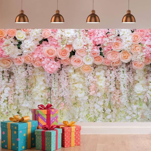 5x3ft Pink Rose Flower Wedding Photography Backdrop Spring Floral Photography Backdrop Valentine's Day Mother's Day Girl Birthday Baby Shower Wedding Bridal Party Banner Photo Booth Props Background - color: Multi9, size: 5X3FT