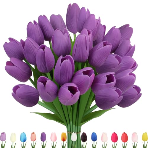 Artificial Tulips Flowers Fake Latex Tulip Stems - 30pcs Real Touch Faux Multicolor Tulips Flower for Easter Spring Wedding Bouquet Centerpiece Floral Arrangement Cemetery Table Decor - color: Purple