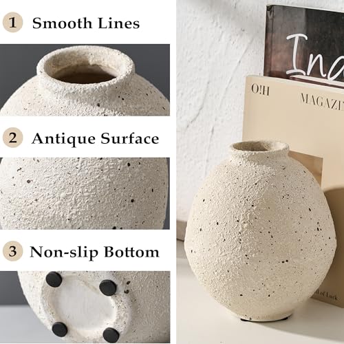PORCER Ceramic Flower Vase, 6.22 Inch Rustic Farmhouse Vase Home Decor, Handcrafted Vintage Pottery Vase, Small Terracotta Vases for Living Room, Table, Shelf, Fireplace, Cream-White - color: Cream-white- 6.22"