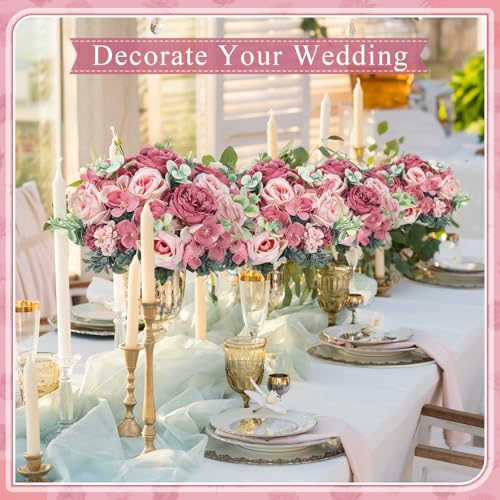 Wavwavw 6 Pcs Artificial Peony Silk Florals Fake Mix Silk Peony Rose Faux Flower Hydrangea Bouquet Elegant Realistic Wedding Floral Centerpiece for Home Party Table Arrangement (Champagne with Red) - color: Champagne With Red