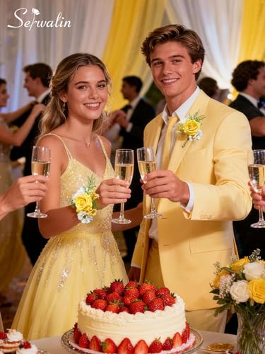 Serwalin 6 PCS Yellow Rose Boutonniere for Men, Artificial Silk Flower Boutonniere for Wedding Groom Groomsmen, Prom Homecoming Formal Party Suit Decoration - color: Yellow, size: Boutonniere 6pcs