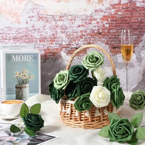 100 Pcs Artificial Foam Rose Flower Faux Bouquet Wedding Fake Rose Gift for Mother's Day Women DIY Bridal Shower Party Table Birthday Home Spring Decor (Gradient Green) - color: Gradient Green