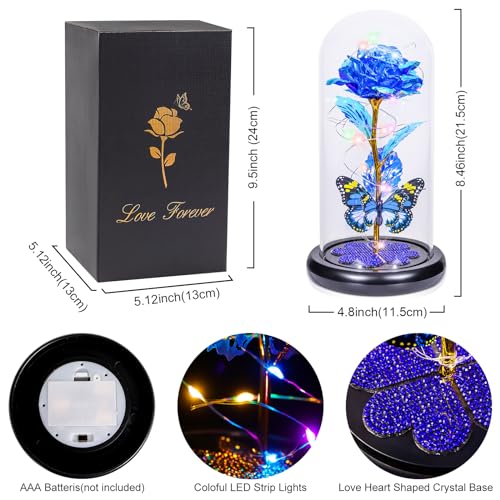 Mothers Day Mom Gifts for Mom Birthday Gift for Women Galaxy Glass Rose in Glass Dome Forever Eternal Crystal Flower with Butterfly Mother's Day Flowers Gifts for Wife Daughter Grandma Sister Blue - color: C Blue