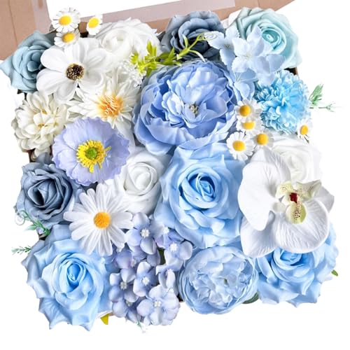 Blue Artificial Flowers Combo Box Set, Light Blue White Rose Fake Flowers Bulk, Mix Hydrangea Peonies Silk Flower for DIY Wedding Bouquets Bridal Shower Table Centerpieces Home Party Decor - color: Blue & White