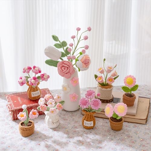 Handmade Crochet Flowers, 6 Inches Small Potted Plants, Knitted Desk Decorations for Home Office Decor (Puff Flower) - color: 6：puff Flower