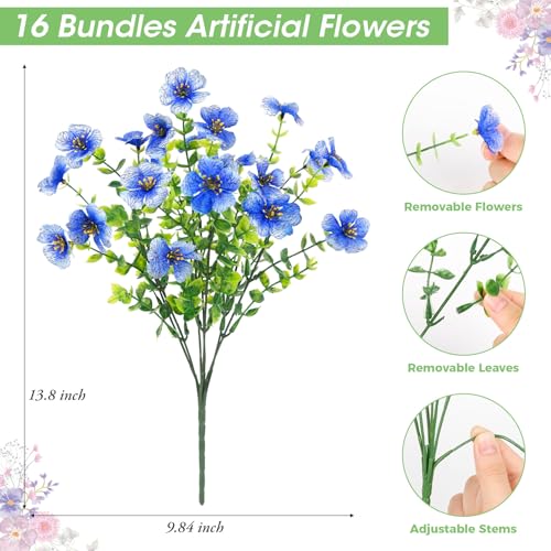 Bassion Artificial Flowers for Outdoors, 16 Bundles UV Resistant Fake Flowers Realistic Silk Faux Plants for Outdoor Planter Window Box Porch Patio Garden Home Outside Decorations - color: Blue
