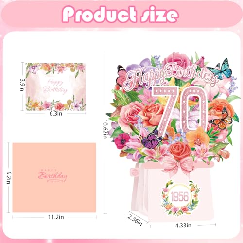 70th Birthday Cards, Light and Music 70 Years Old Happy Birthday Card, Rose Lily Orchid and Butterflies, 10 Inch Forever Flower Bouquet 3D Pop Up 1956 Birthday Gift Card for Women Wife Mom Grandma Sister - size: 1956-70th