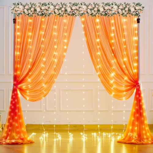 Orange Tulle Backdrop Curtain with Lights String for Parites 10x10ft Sheer Backdrop Curtains Drapes for Birthday Party Baby Shower Wedding Ceremony Prom Halloween Photo Booth Background Decorations - color: Orange, size: 10 ft X 10 ft(2 Panels 5ft X 10ft)