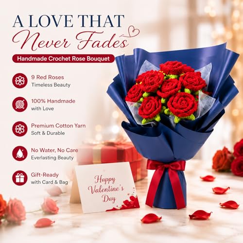 Crochet Flowers Red Roses Bouquet 9 Crochet Roses Flower for Wife Gift, Lover Anniversary Valentine's Day Bouquet for Her, Birthday, Wedding - color: Red
