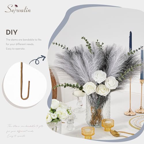 Serwalin 60Pcs Black Pampas Grass Decor, 17'' Faux Pampas Grass, Fluffy Artificial Pompous Grass Vase Filler Flower Arrangement for Living Room Decor Wedding Party Home Decor (Black＆White＆Gray) - color: E Black & Grey & White