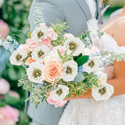 6PCS White Poppy Artificial Flowers 30 Heads Faux Poppy Flowers 26.77in Silk Flowers with Long Flocking Stems for Wedding Party Home Office Decoration(White) - color: White