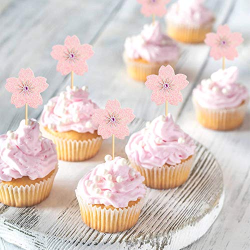 30Pcs Glitter Pink Cherry Cupcake Toppers Cherry Blossoms Pink Flowers Cupcake Picks for Spring Floral Baby Shower Bridal Shower Girls Floral Birthday Wedding Anniversary Party Decorations - color: Pink Cherry