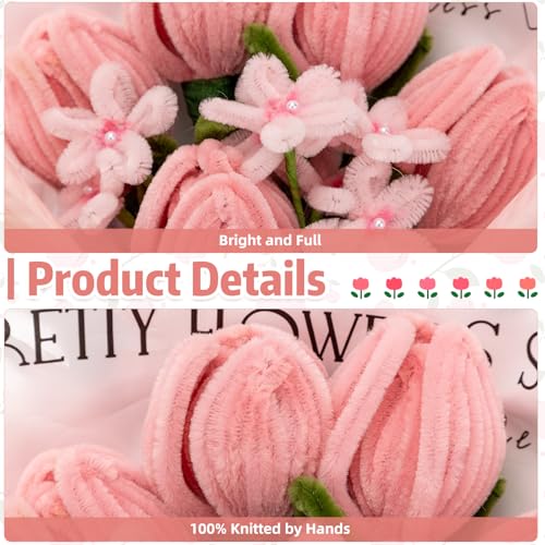 Completed Pipe Cleaners Tulip Flowers Bouquet, Pink Handmade Pipe Cleaners Bouquet, 5 Tulip 10 Daisy 15 PCS for Christmas Mother's Day Birthday Wedding Home Decor Gifts for Mom - color: Pink