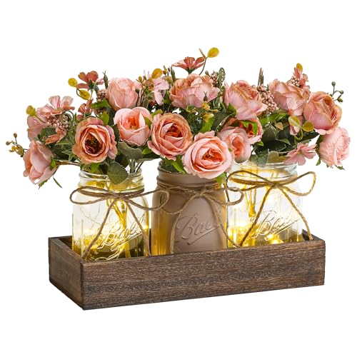 3 Pcs Mason Jar Centerpiece Table Decorations for Dining Table Decor Farmhouse Coffee Table Decor with Wood Tray and Led Light Table Centerpieces for Dining Room Kitchen Living Bathroom,Pink - color: Pink