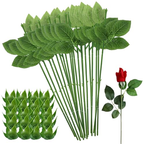 20PCS Floral Wire Stem with Leaves and 20PCS Artificial Flower Calyxes Set, for Floral Rose Arrangement, DIY Craft Bouquet Making, and Florist Supplies