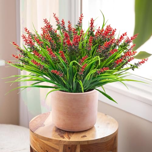 40 Bundles Artificial Plants Outdoor Fake Monkey Grass with Lavender Flowers Plastic UV Resistant Greenery Shrubs for Window Box Porch Garden Patio Outdoor Decor(Red) - color: Red