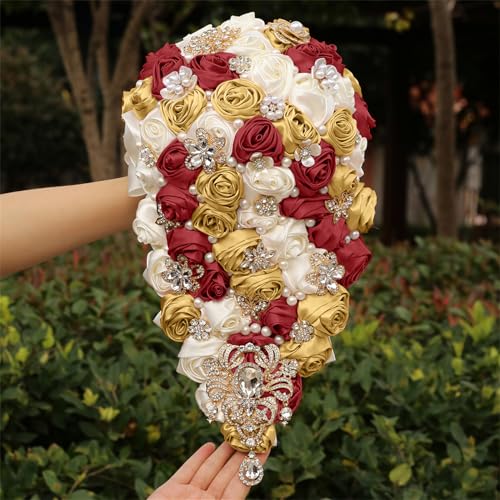 Handmade Satin Rose Water Drop Bridal Bouquet,8.7inch Crystal Wedding Round Tossing Bouquet,Jewelry Proposal Bridesmaid Bouquet Groom Corsage Bride Wrist Flower Ivory (07#Ivory WineRed Gold) - color: 07#ivory Winered Gold