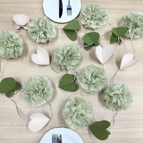 Sage Green Party Decoration Tissue Flowers Pom Pom with 3D Heart Hanging Paper Garland Banner Streamer for Birthday Baby Shower Wedding Valentines Day Woodland Neutral Themed Party Home Decor Supplies - color: Sage Green Beige Heart