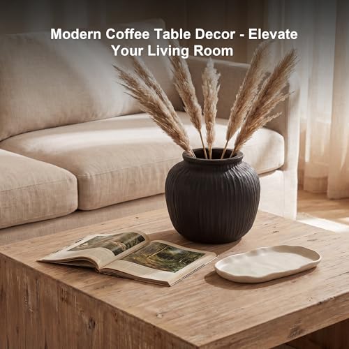 Oakrain Large Rustic Vase with Vertical Ribbed Texture, 11" Vintage Black Round Vase, Decorative Planter for Indoor, Table Centerpieces, Distressed Decor - color: Matte Black, size: 11" Dia