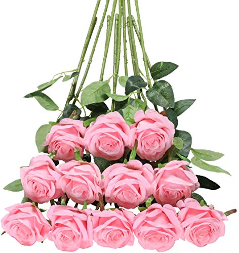 Tifuly Pink Roses Artificial Flowers - 12 pcs Realistic Single Long Stem Fake Silk Roses Bouquet for Party Home Wedding Centerpiece Office DIY Decor - color: Pure Pink