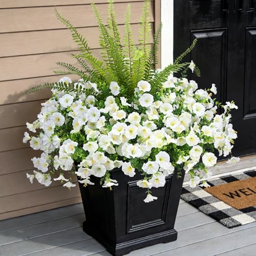 Hrobek Artificial Flowers for Outdoors Faux Plants Outside Indoor,UV Resistant Silk Fake Morning Glory Tall Ferns for Home Patio Garden Back Yard Front Porch Decor Spring Summer(13 Bunches,White) - color: 2 Color Mixed (12 White,1 Tall Fern)