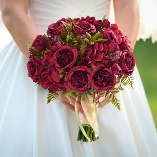 MARTINE MALL 4 Packs Peonies Artificial Flowers, Burgundy Artificial Peonies, Silk Peonies Flowers Fake Peonies Artificial Flowers Peonies Bouquet for Halloween Centerpiece Table Wedding Home Decor - color: Red, size: 4PCS