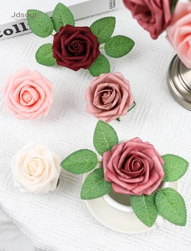 25pcs Artificial Flower，Real Looking Foam Roses w/Stem for DIY Wedding Bouquets Centerpieces Bridal Shower Party Decor-Shades of Burgundy - color: Shades of Burgundy
