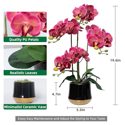 Artificial Orchid Flowers in Ceramic Vase Realistic Crimson Faux Orchids 19.5 Inch Fake Phalaenopsis Plant Arrangements for Home Indoor Centerpiece Decor (Set of 4 Stems) - color: Crimson, size: 14CM- BlackGolden