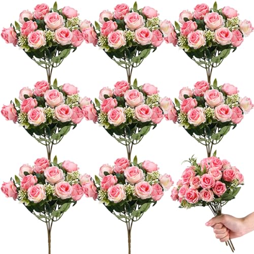 Zeyune 8 Pack 12 Inch Wedding Bouquets for Bride Bridesmaid Red Artificial Rose Bouquet Fake Silk Roses Flowers Bunches Bulk for Home Office Garden Parties(Pink) - color: Pink