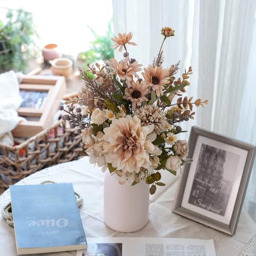 16-inch Artificial Fake Flowers Silk Table Arrangements Faux Plastic Floral Centerpieces for Home with Roses, Dandelions, Daisies, Hydrangea, Eucalyptus, Chrysanthemums and Hollyberries - color: Cappuccino