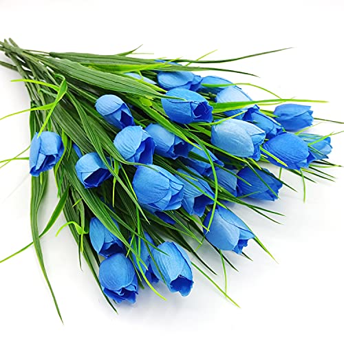 8 Bundles Outdoor Artificial Tulips Fake Flowers UV Resistant Faux Plastic Greenery Shrubs Plants for Home Outside Garden Porch Window Farmhouse Decor (Blue) - color: Blue