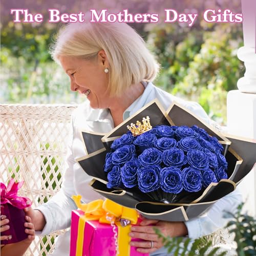 Waipfaru Blue Glitter Roses Bouquet, DIY Flowers Bouquet, Birthday Gifts for Women Mom Grandma Wife Girlfriend, 24 Pcs Fake Rose for Valentines, Mothers Day, Anniversary, Graduation Gifts - color: Blue, size: 24pcs