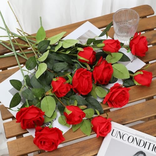 Tifuly Red Roses Artificial Flowers - 12 pcs Realistic Long Stem Fake Roses Mashup Style Silk Flowers for Valentine's Day DIY Bouquets Wedding Centerpieces Arrangements Home Party Decor - color: Red