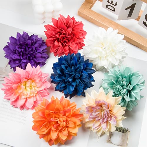 Orange Dahlias Artificial Flowers Bulk, 3.5 Inch Big Fake Dahlias Flowers Heads, 15 Pcs Artificial Silk Faux Flowers Heads for Floral Arrangements, Clothing Accessories, DIY Craft - color: Orange