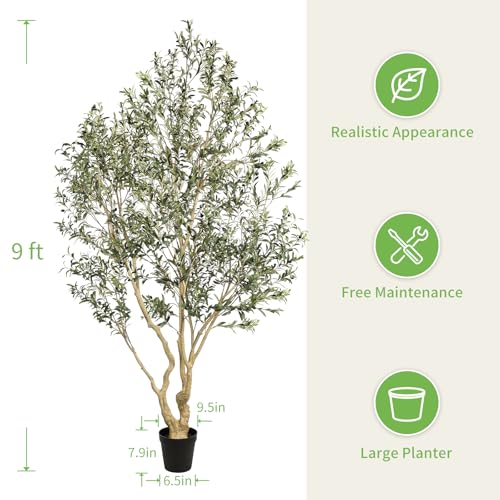 Realead Artificial Olive Tree 9ft - Large Faux Olive Tree with Realistic Leaves and Olives - Full and Grand Design Fake Olive Tree with Sturdy Base for Indoor Home Office Decor - size: 9ft