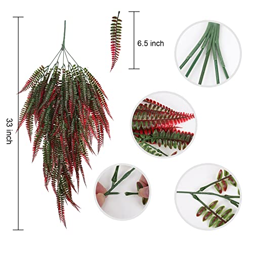 RECUTMS 4Pcs Artificial Boston Fern UV Resistant Fake Hanging Plants Greenery Plastic Ivy Leaves Faux Vines for Wall Garden Wedding Indoor Outdoor Decor (Red) - color: Red