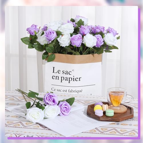 36 Pcs Silk Purple White Rose Bouquet Bridal Artificial Flowers,Fake Rose Long Stem Realistic Flowers Bulk for Wedding Bouquet Ball Arrangement Centerpiece Party Decor - color: Purple, White