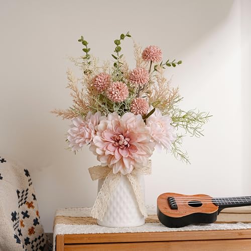 LUEUR Artificial Flowers with Ceramic Vase Centerpieces – Spring Silk Pink Flower Arrangement for Coffee Table Decor, Faux Flower Bouquet for Home Indoor Decoration, Bathroom, Dining Room, Kitchen - color: Pink
