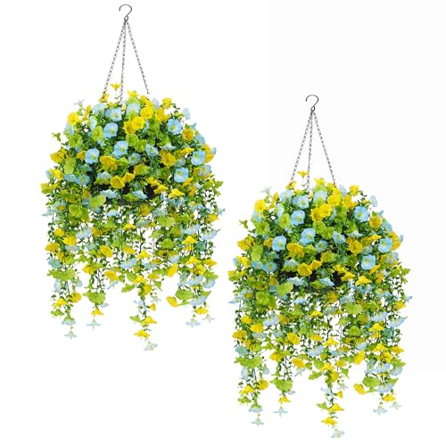 2 Pack Artificial Hanging Flowers Basket Set, Cascading Morning Glory | UV Resistant Artificial hanging flowers for porch,Patio,Garden,outdoor decorations,24 stems, 10in baskets and no watering - color: 2 Pack Baskets/Blue Green Yellow