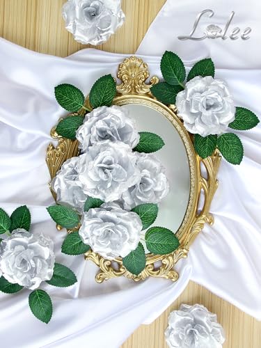 LELEE Artificial Rose Flowers Head with Stem - 108pcs Silver Artificial Flowers Rose Bulk - Silk Rose Fake Flower for Wedding Bouquet Party Home Decor DIY Baby Shower Centerpieces Tables Decoration - color: Silver