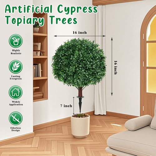 Grooy Artificial Boxwood Topiary Ball Tree with Ground Spike, Set of 2 Artificial Shrub Bushes, Fake Evergreen Tree for Porch, Artificial Plants for Outdoor Planters Indoor UV Resistant - color: Boxwood