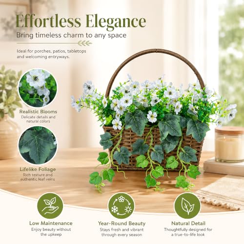 14" H Artificial Plumeria Grape Leaf Flower Basket,50 Silk Floral Arrangements Artificial for Living Room,Office,Wedding & Porch Decor（White）