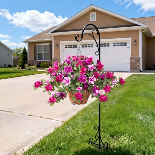 Ammyoo Artificial Hanging Flowers for Outdoors Hanging Baskets, 3 Pcs Fake Silk Flower with Hanging Baskets Planter for Spring Summer Garden Porch Patio Yard Outside Decor - color: X-purple-red Pink Lotus With Basket