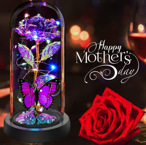 Mothers Day Rose Flower Gifts for Mom, Birthday Gifts for Women, Galaxy Crystal Light Up Rose Flowers in A Glass Dome, Mother Day Presents Wife Grandma Sister Her Mom from Daughter Butterfly Purple - color: A-purple