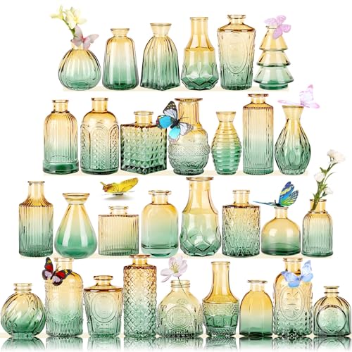 Glass Bud Vases in Bulk Set of 30 Pcs,Small Glass Vases for Flowers as Wedding Centerpieces for Tables,Clear Flower Vases Suitble for Wedding Decorations,Home Decor (Brown Green, 30 pcs) - color: Brown Green, size: 30 pcs